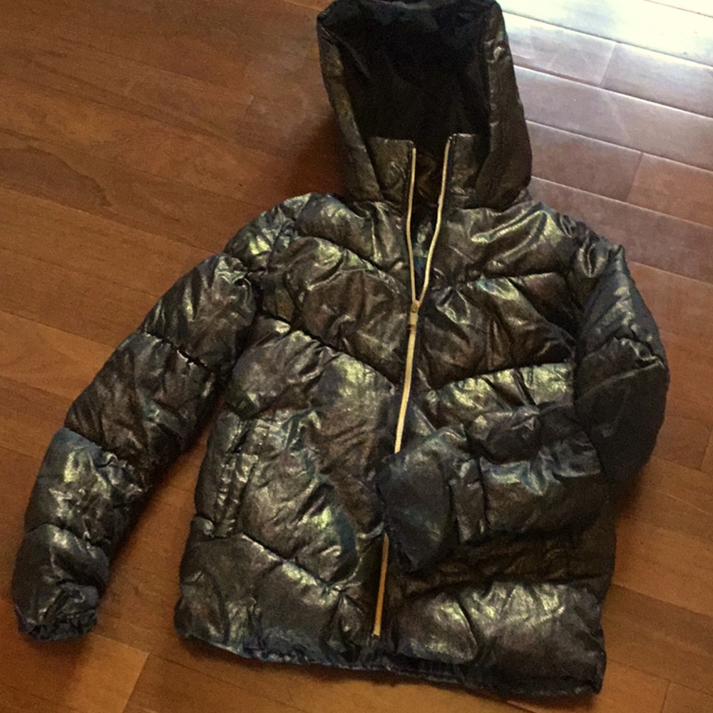 Gold Glitter on Black Puffy Hooded Coat